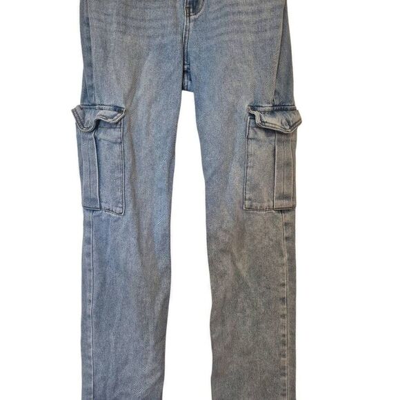 PacSun Women's Light Indigo Blue Wash Poly/Spandex Boyfriend Cut 90's Cargo High - Picture 7 of 12